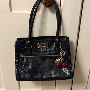 Anne Klein Black Embossed Shoulder Bag with Cherry Charm